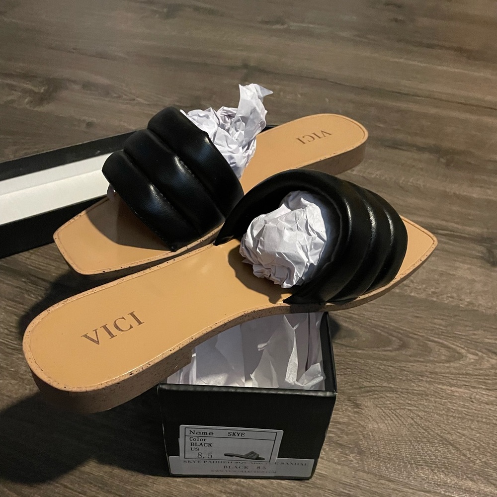 Black Vici flat sandals, 8.5